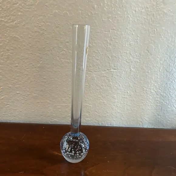 Vtg Bud Vase Delicate Clear Blue Glass Round Base Bullicante Bubbles Denmark - Picture 5 of 9
